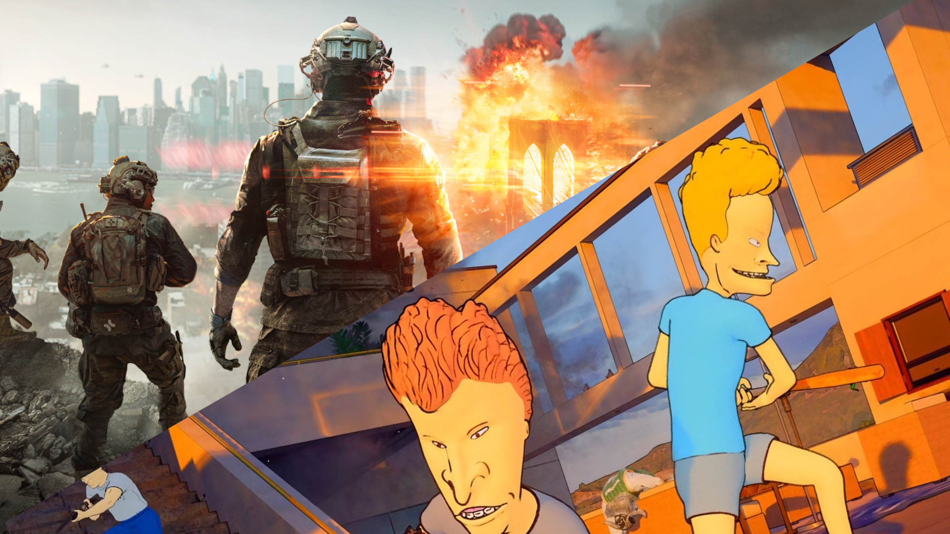 Battlefield 6 key art and Call of Duty&#039;s Beavis and Butthead