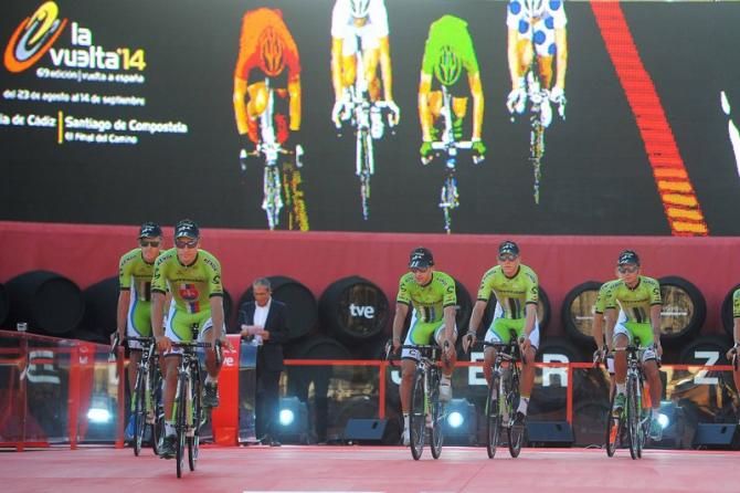 Peter Sagan and his Cannondale teammates ride off from the team presentation