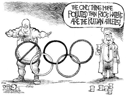 Political cartoon world Olympics Russia doping Rio 2016
