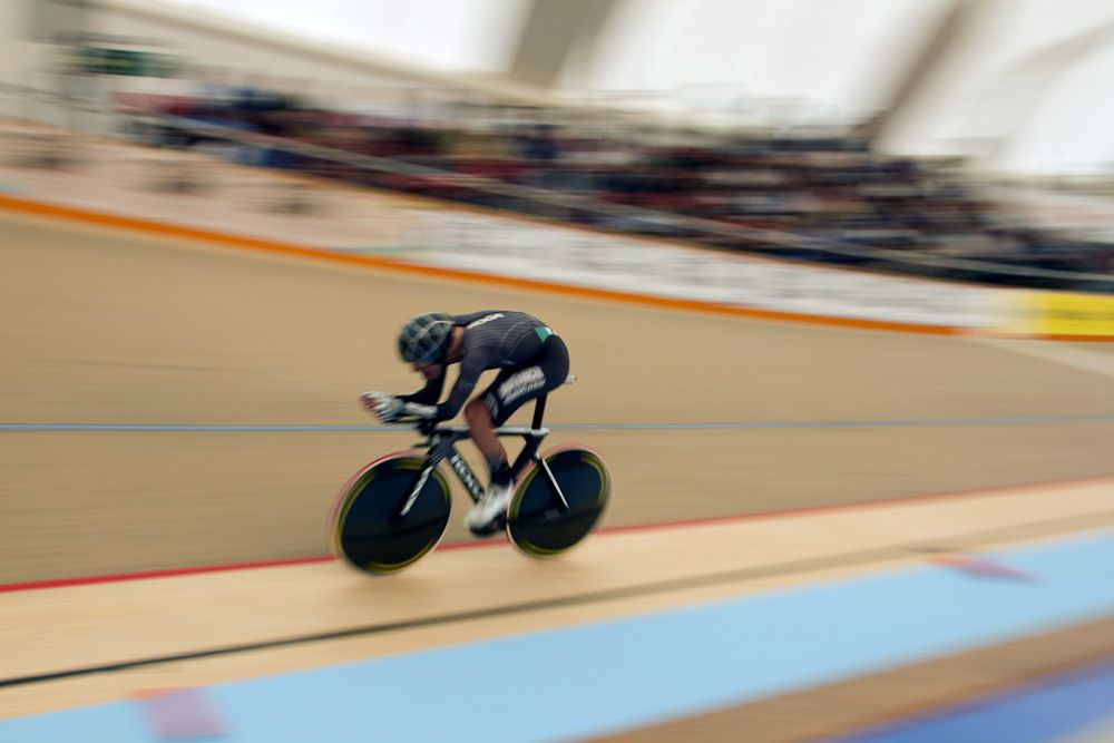 Dekker rides during the UCI world hour record attempt at the bicentennial velodrome in Aguascalientes.