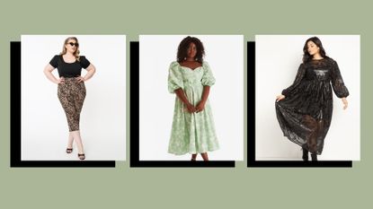 three images of models wearing dresses from Unique Vintage, Loudbodies and Eloquii, three of w&h's best plus size clothing brand picks