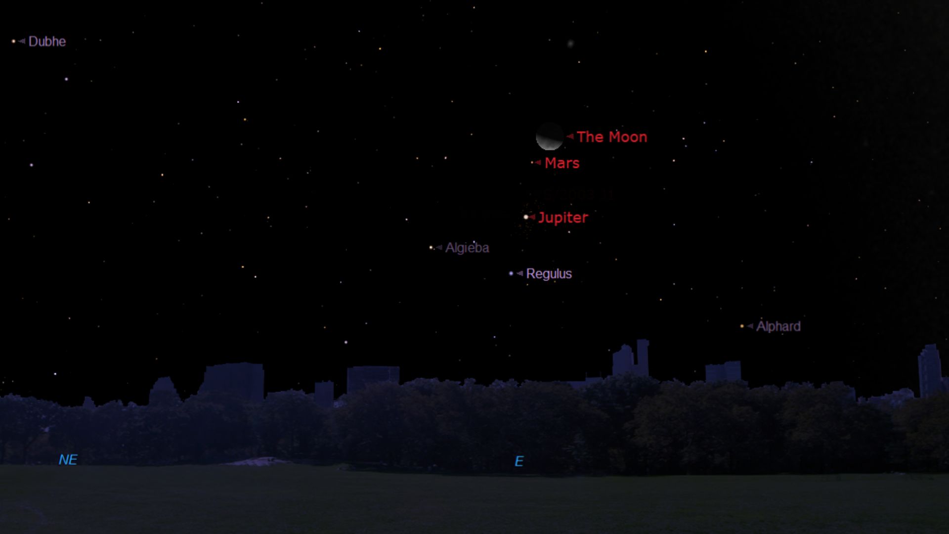 A simulation of the night sky showing the Moon close to Mars, Jupiter and the bright star Regulus in the eastern sky.