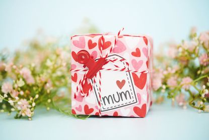 Gift wrapped gift box for mum for Mother's Day or birthday with bunch of pink flowers