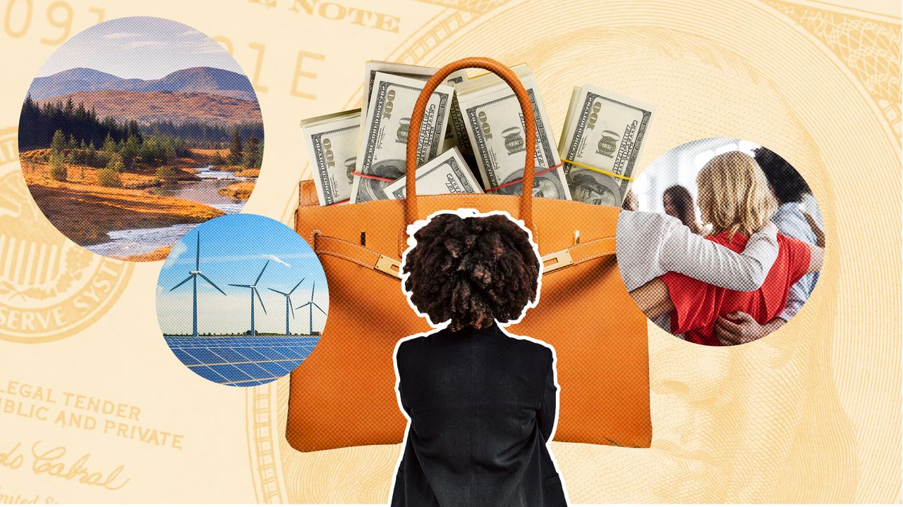 An artistic collage about ESG: a woman looking at a purse filled with money, and symbols of environmental, social, and governance investments.