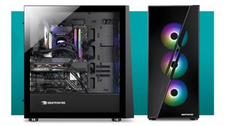 An Ibuypower gaming pc front and side angle with blue background