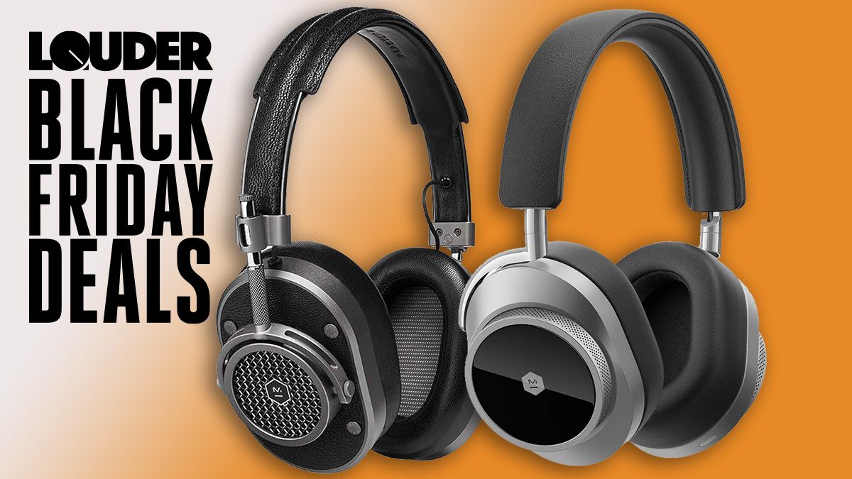 Two pairs of Master &amp; Dynamic headphones on an orange background