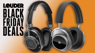 Two pairs of Master & Dynamic headphones on an orange background