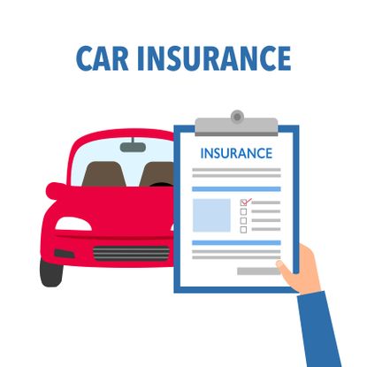 Illustration of a red car and hand holding a clipboard with paper that says insurance.