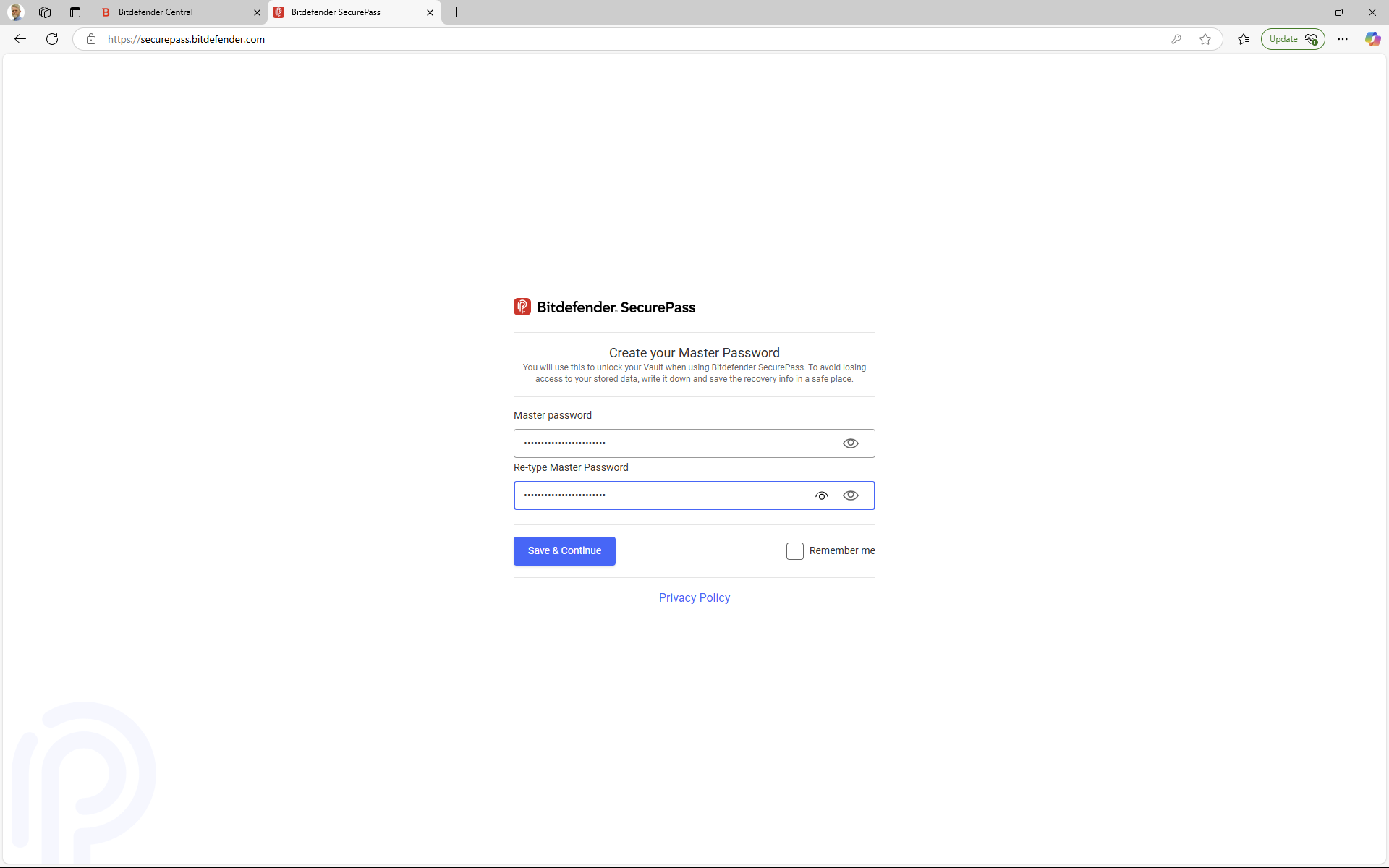 Bitdefender SecurePass prompts you to create a master password