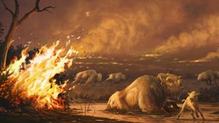 Illustration of bison entrapped in tar pit as wildfires burn.