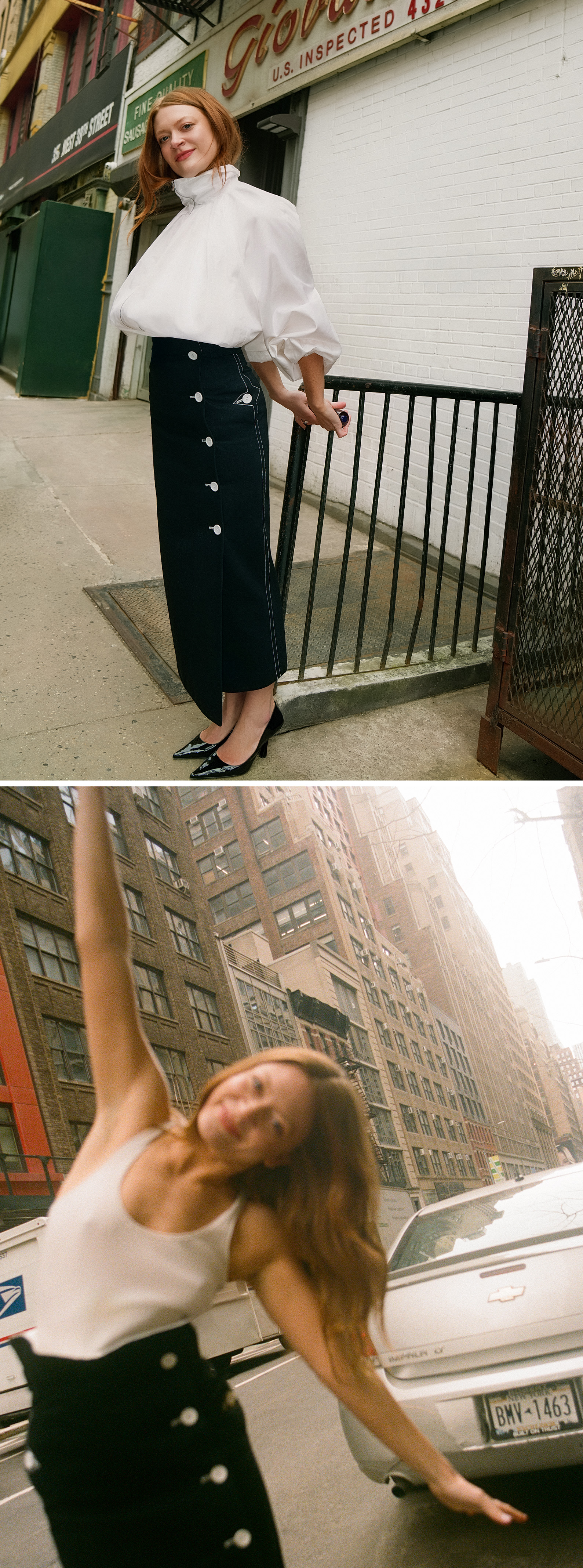 Colby Minifie photographed by Emily Soto outside in NYC wearing a white blouse and denim skirt by Adam Lippes.