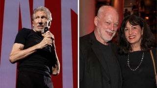 Roger Waters on stage, and David Gilmour and Polly Samson together