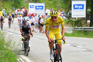 ISOLA 2000, FRANCE - JULY 19: Tadej Pogacar of Slovenia and UAE Team Emirates - Yellow Leader Jersey attacks during the 111th Tour de France 2024, Stage 19 a 144.6km stage from Embrun to Isola 2000 - (2022m) / #UCIWT / on July 19, 2024 in Isola 2000, France. (Photo by Tim de Waele/Getty Images)