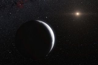 Artist's impression of Eris. The dwarf planet is extremely reflective and its surface is probably covered in frost formed from the frozen remains of its atmosphere. The distant sun appears to the upper right and both Eris and its moon Dysnomia (center) appear as crescents.
