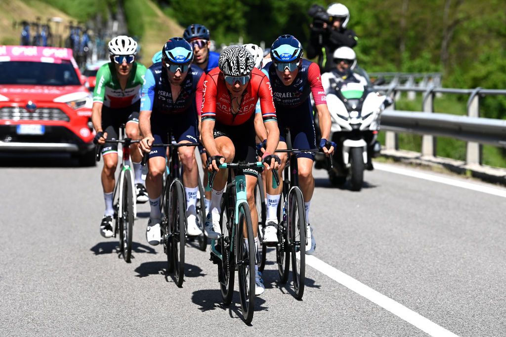VAL DI ZOLDO PALAFAVERA ITALY MAY 25 LR Warren Barguil of France and Team Arka Samsic and Marco Frigo of Italy and Team Israel Premier Tech compete in the breakaway during the 106th Giro dItalia 2023 Stage 18 a 161km stage from Oderzo to Val di Zoldo Palafavera 1514m UCIWT on May 25 2023 in Val di Zoldo Palafavera Italy Photo by Tim de WaeleGetty Images