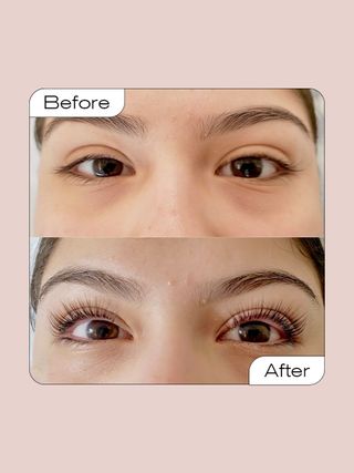 The before and after images of a lash lift by Envious Lashes.