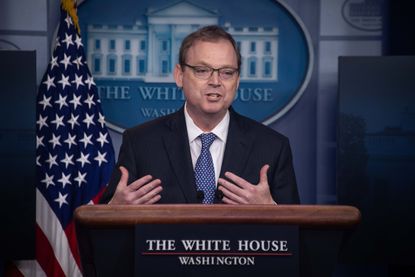 Kevin Hassett talks to reporters