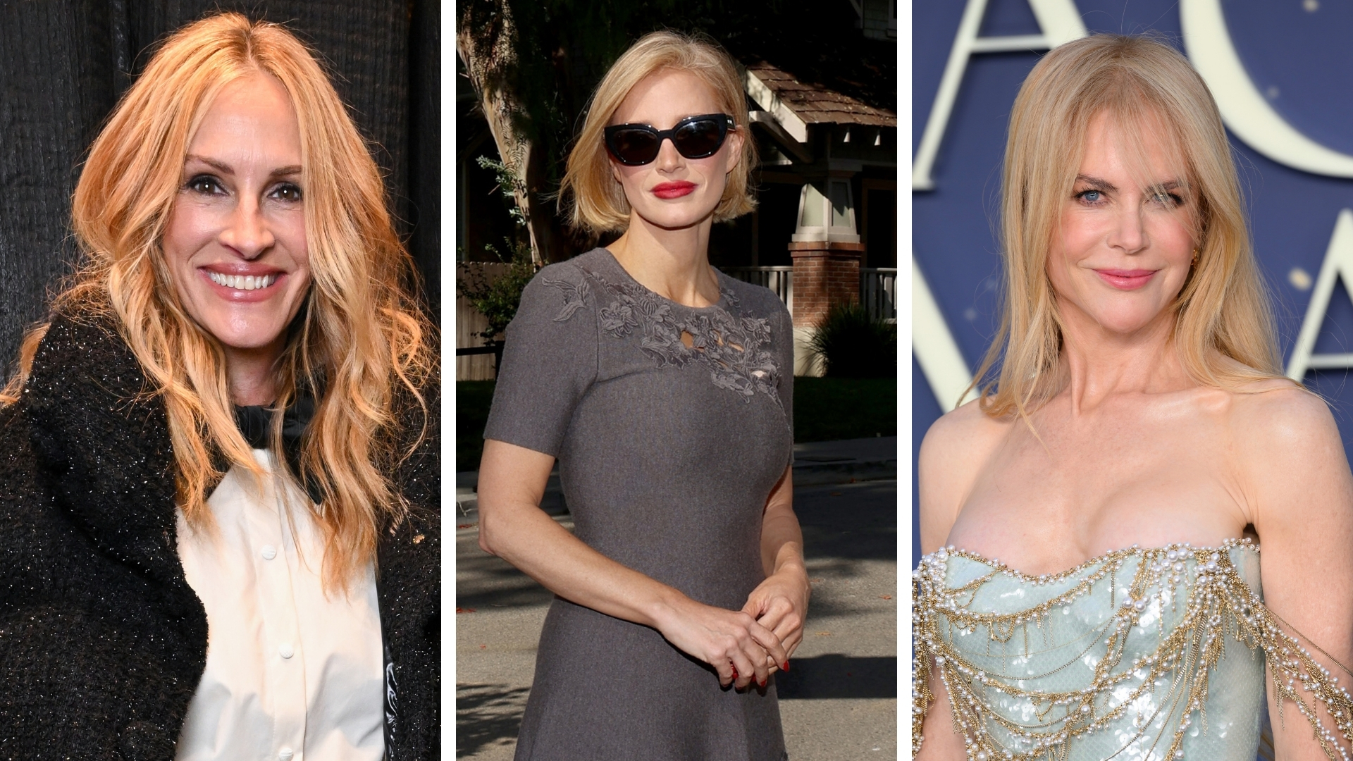 A collage featuring three celebs with 'maple blonde'-like hair looks: on the left is a picture of Julia Roberts with warm blonde hair at the he Moncler Fifth Avenue Opening Cocktail Party &amp;amp; Dinner on September 10, 2026, followed by a picture of Jessica Chastain with a blonde bob at the the &amp;quot;Other Mommy&amp;quot; experience presented by Universal Pictures on September 18th. And on the right, is a picture of Nicole Kidman with long, warm blonde hair at the &amp;quot;Practical Magic 2&amp;quot; European Premiere on August 26th, 2026.