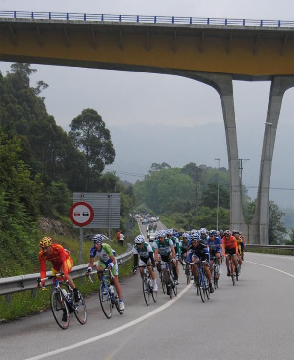The peloton passes under a viaduct