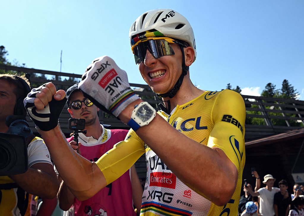 Slovenian Tadej Pogacar of UAE Team Emirates-XRG celebrates after winning the stage 10 of the 2026 Tour de France cycling race, a stage of 167km from Aurillac to Le Lioran, on Tuesday 14 July 2026. The 113th edition of the Tour de France starts on Saturday 4 July in Barcelona, Spain, and will finish in Paris, France on the 26th of July. BELGA PHOTO POOL SZYMON GRUCHALSKI (Photo by POOL SZYMON GRUCHALSKI / BELGA MAG / Belga via AFP)