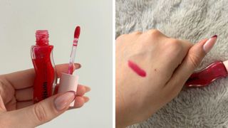 (L-R) Image of hand holding the open Gisou Lip Oil in 'Cherry on the Cake' and swatch of the red lip oil on the back of a hand