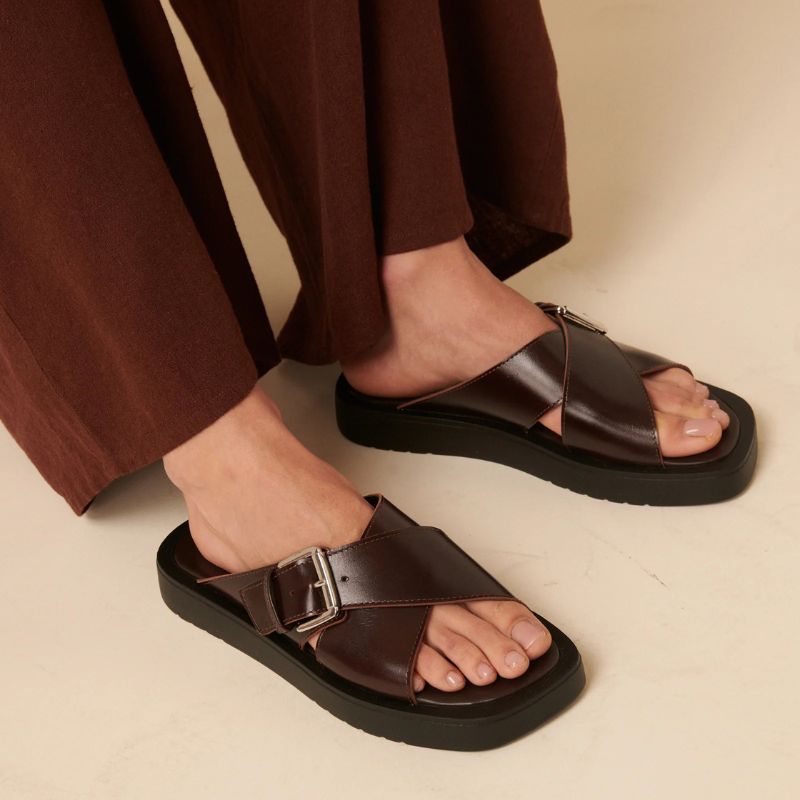 Nobody's Child , Brown Cross Strap Chunky Sandals