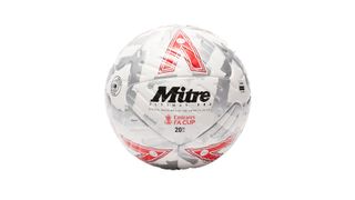 A white and grey football with three red triangles has 'Mitre' written on it and the FA Cup logo in red.