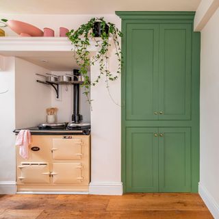kitchen with white walls green door and wooden flooring