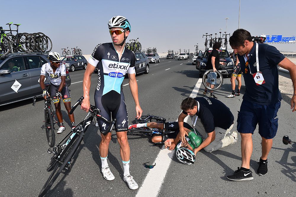 Tom Boonen (Etixx QuickStep) crashed out of the Abu Dhabi Tour on stage 2