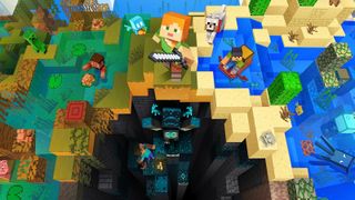 Minecraft - Wild Update key art showing a Warden underground with Alex holding a sword in a swamp above.
