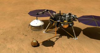 In this artist's illustration, the InSight Mars lander's robotic arm has deployed the Seismic Experiment for Interior Structure (SEIS) on the Red Planet. That device is then crowned by a wind and thermal shield, as shown, to thwart wind gusts and the temperature swings on Mars. The robot arm is also used to deploy the Heat Flow and Physical Properties Package (HP3) science instrument.