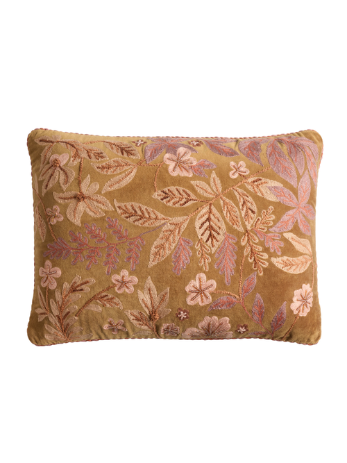 Tan and Peach Velvet Embroidered Leaves Lumbar Pillow
