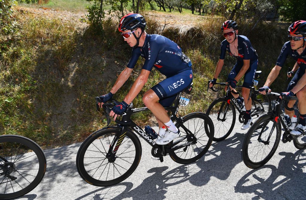 SARNANO ITALY SEPTEMBER 11 Chris Froome of The United Kingdom and Team INEOS Grenadiers Tao Geoghegan Hart of The United Kingdom and Team INEOS Grenadiers Rohan Dennis of Australia and Team INEOS Grenadiers during the 55th TirrenoAdriatico 2020 Stage 5 a 202km stage from Norcia to SarnanoSassotetto 1335m TirrenAdriatico on September 11 2020 in Sarnano Italy Photo by Justin SetterfieldGetty Images