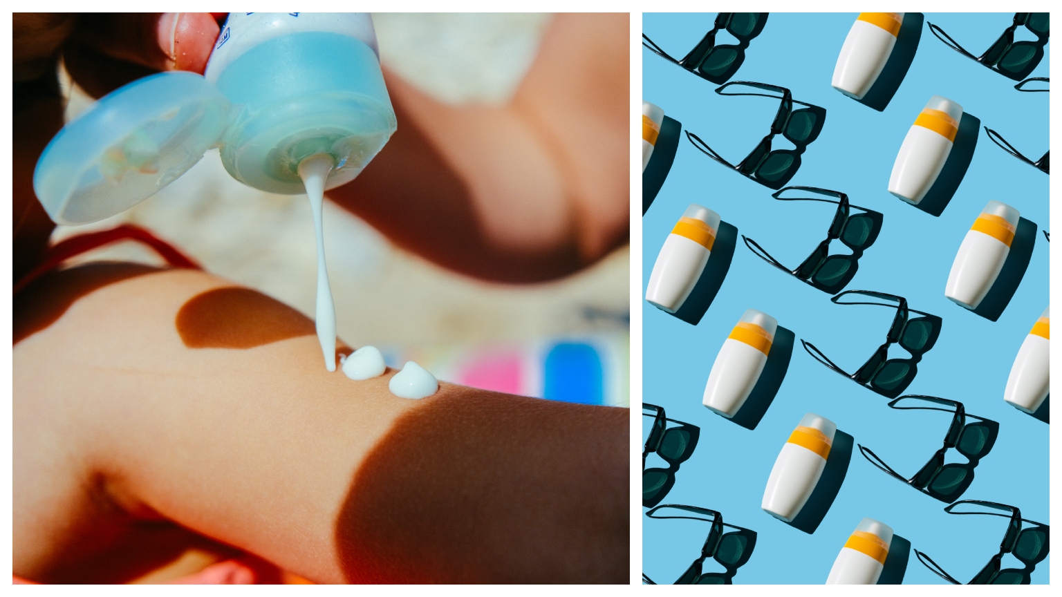 white woman applying sunscreen and a flat flay of sunglasses and sunscreen on a blue background