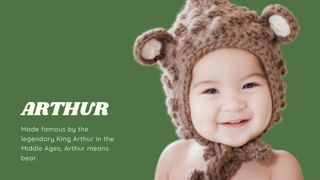 Cute baby wearing a bear hat next to name arthur on popular baby names list