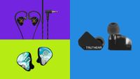 Three of the top budget IEMs on a tricolour background. 