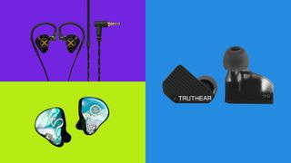 Three of the top budget IEMs on a tricolour background.