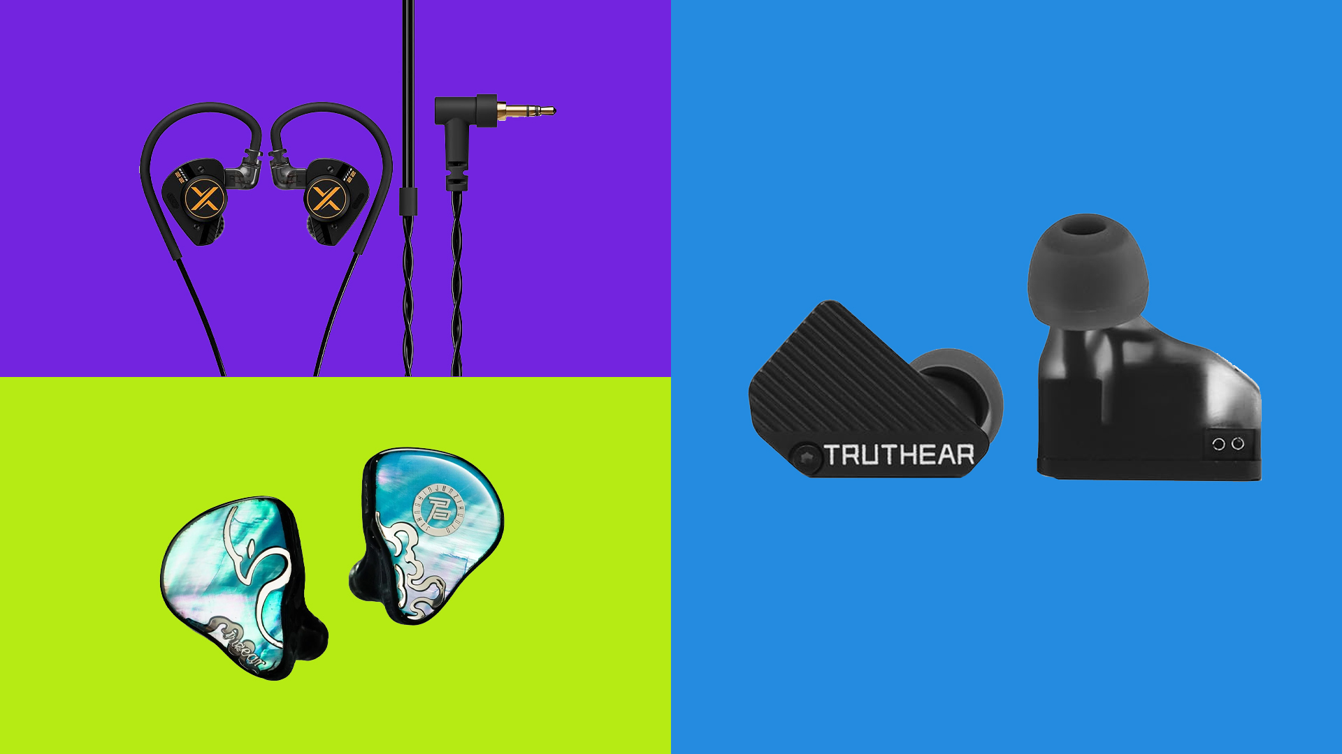 Three of the top budget IEMs on a tricolour background. 