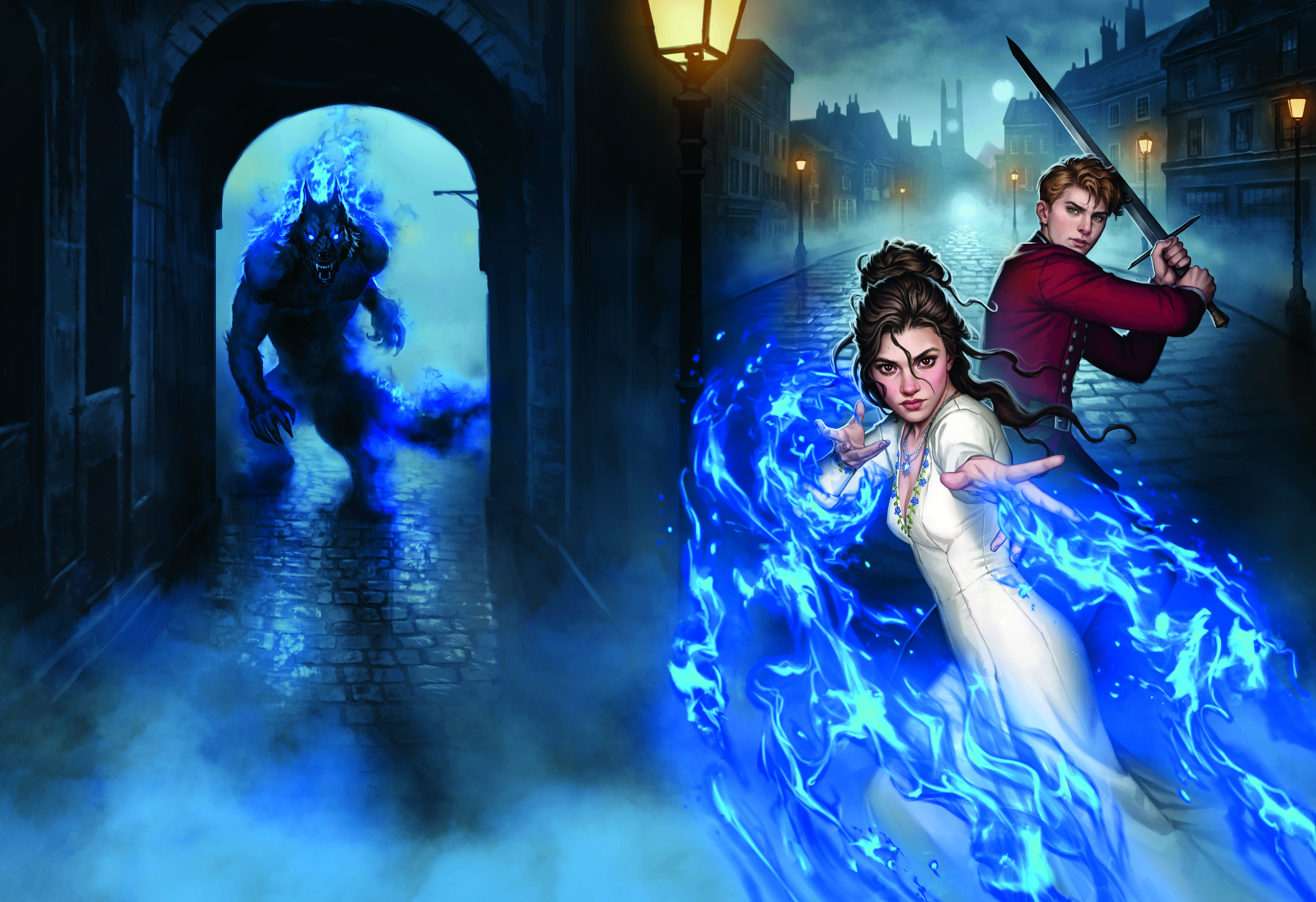 A book cover painted using Photoshop; featuring a young woman casting a spell, a man wielding a sword and a werewolf