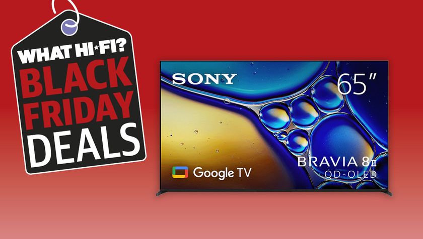 Sony Bravia 8 II TV on a red background with &quot;What Hi-Fi? Black Friday deals&quot; text.