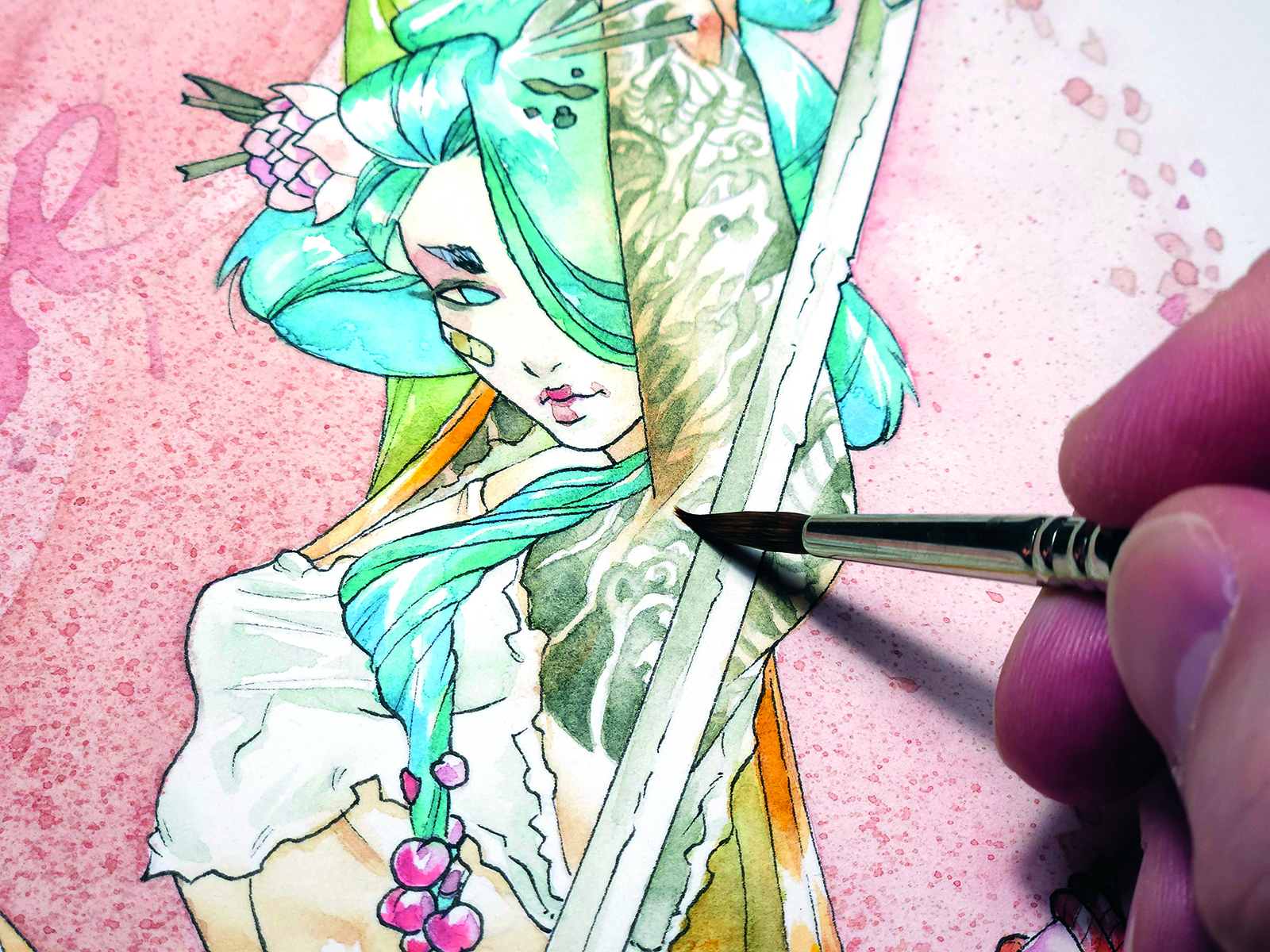 Watercolour geisha; painting details