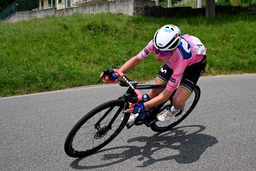 CERES ITALY JULY 04 Annemiek Van Vleuten of The Netherlands and Movistar Team Pink Leader Jersey competes in the breakaway during the 34th Giro dItalia Donne 2023 Stage 5 a 1056km stage from Salassa to Ceres UCIWWT on July 04 2023 in Ceres Italy Photo by Dario BelingheriGetty Images