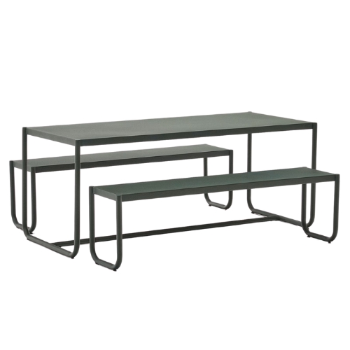 Kave Home, Sotil Set of 2 Benches and Galvanized Steel Table With Green Finish 183 X 83 Cm | Kave Home Great Britain