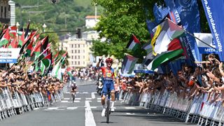 Giulio Ciccone celebrates winning the Clasica de San Sebastian in 2025