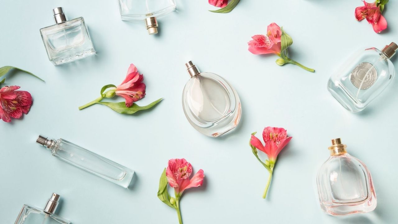 Perfume bottles and flowers on blue background