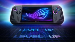 Asus ROG Ally X in bacl with words "level up" below
