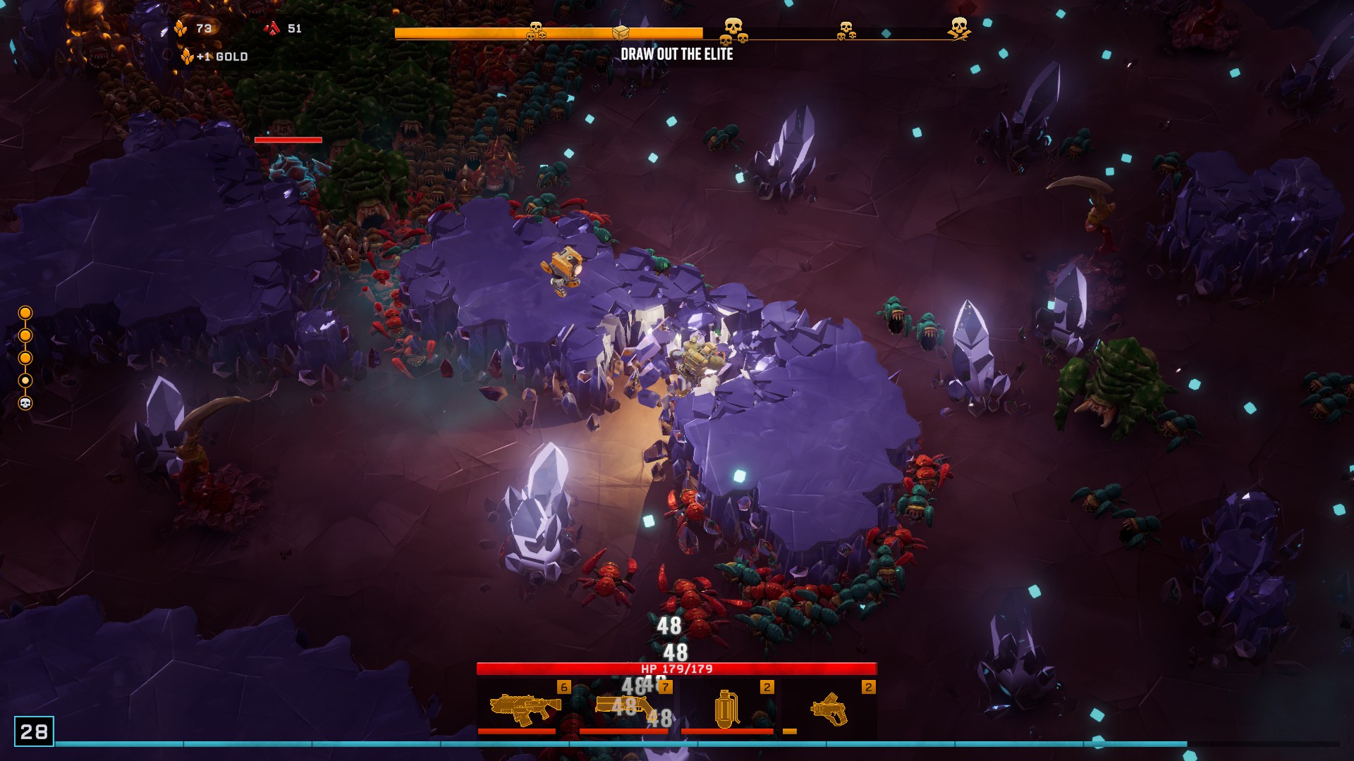 A Scout digging through rock to escape a horde of bugs in Deep Rock Galactic: Survivor.