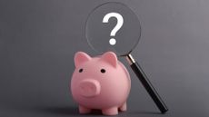 A piggy bank with a question mark over it's head in a magnifying glass