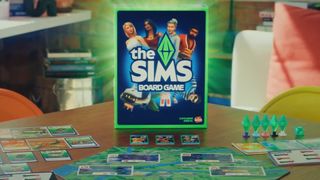 The Sims board game pieces, cards, tokens, and box set up on a wooden table