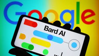 Google Bard logo on a smartphone in front of a colorful backdrop featuring the Google logo